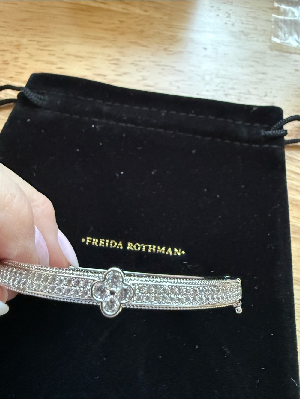 Freida Rothman Signed Sterling Silver Pavé Flower Bangle Bracelet